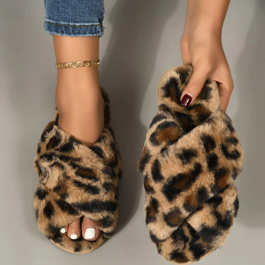 Women'S Fashion Leopard Pattern Cross Design Slippers, Soft and Comfortable Home Slippers, Fluffy Plush Slippers for Fall & Winter, Girl Footwear, Slide Shoes, Girl'S Walking Shoes, Footwear, Slippers Shoes