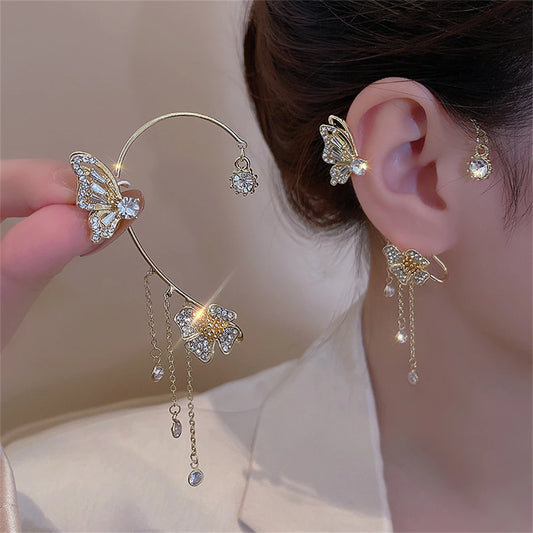 Shiny Zircon Butterfly Ear Cuff Gold Color Tassel Clip on Earrings for Women Korea Style Copper Earring without Piercing Jewelry