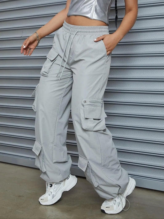 Women'S Plain Drawstring High Waist Cargo Pants, Casual Street Pocket Trousers for Daily Wear Outdoor, Women'S Bottoms for Summer