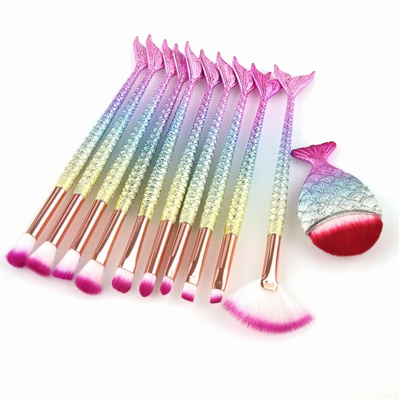 11Pcs Makeup Brushes Kit Fish Tail Pencil Cosmetics Foundation Artist Highlighter Face Set Natural Tool of Bronzer Eyeshadow Lip