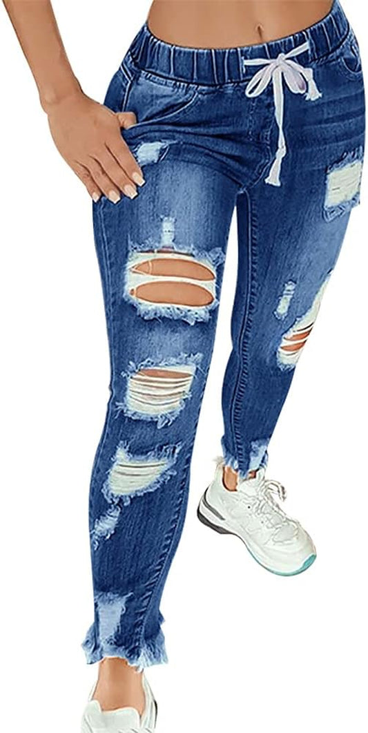 Women Ripped Jeans plus Size High Waisted-Rise Skinny Stretch Destroyed Denim Pants Dark Blue